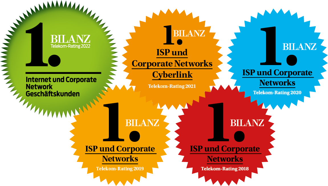 Auszeichnungen für den ersten Platz des jährlichen Bilanz Telekom Rating in der Kategorie "Internet Service Provider und Corporate Networks" von 2018 bis 2022