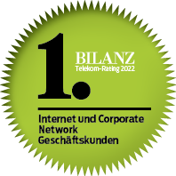 Bilanz Telekom Rating Platz 1 2022 Auszeichnung für den ersten Platz des jährlichen Bilanz Telekom Rating in der Kategorie "Internet Service Provider und Corporate Networks" 2022